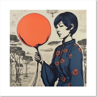 Asian woman in kimono with balloon Posters and Art